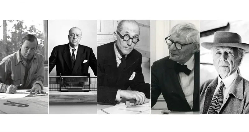 From left to right: Alvar Aalto, Mies van der Rohe, Le Corbusier, Louis Kahn, Frank Lloyd Wright